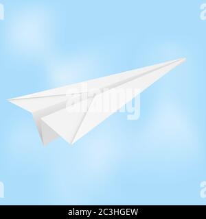 Paper airplane. Folded glider in blue sky Stock Vector