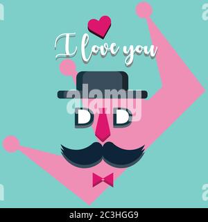 I love you dad, father's day poster illustration with the word 'DAD' creating a face with a mustache, hat, specs, a necktie and a bow, vector Stock Vector