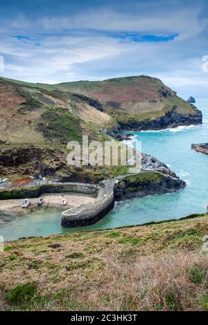 Fishing boats moored in the harbour at Boscastle in Cornwall, England Stock Photo