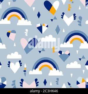 Seamless pattern with hand drawn rainbows, hearts and clouds. Creative texture for fabric, wrapping, textile, wallpaper, apparel. Vector illustration Stock Vector