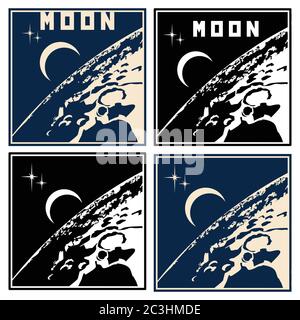 Stylized vector illustration on the theme of Astronautics and the near space. view of the craters of the moon from its orbit, a view of the earth from Stock Vector