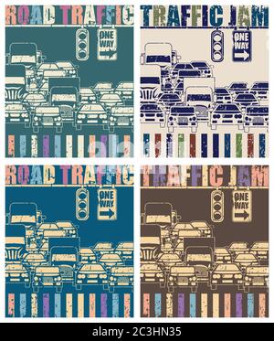 Stylized vector illustration on a theme of traffic, transport, traffic jams at rush hour and living in a big city in the style of old posters Stock Vector