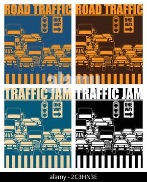 Stylized vector illustration on a theme of traffic, transport, traffic jams at rush hour, and life in the big city Stock Vector
