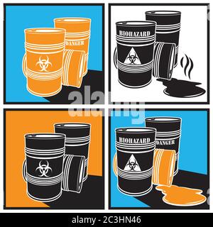 stylized vector illustration of barrels with biohazard signs Stock Vector