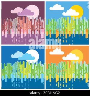 Stylized vector illustration of desert with cactus. Seamless horizontally if needed Stock Vector
