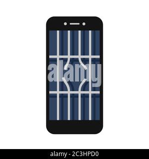 Jailbreak and jailbroken rooted smartphone and telephone - electronics device with display. Broken prison bars on the screen Stock Photo
