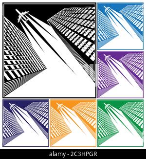 Stylized vector illustration of skyscrapers and flying over them airliner Stock Vector