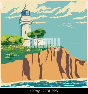 Stylized vector illustration of a lighthouse on a cliff Stock Vector