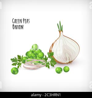 Half onion, green peas, onion rings and parsley leaf on white background in flat style. Vegetable organic eco bio farm products. Lettering Green Peas, Onion. Hand drawn image. Vector illustration. Stock Vector