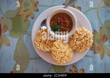 Crispy rice cake and pork and shrimp dipping. traditional  Thai snack food appetizer Stock Photo