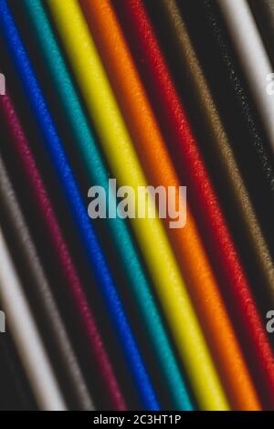 Multi color conductive wires of electrical circuits, connected to electronic engineering. Stock Photo