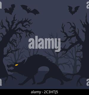 Vector wolf silhouette illustration with spooky bats and trees Stock Vector