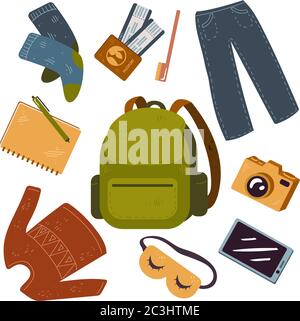 Vector set of things for backpacker, forest, mountain, tourist travel, vacation. Stock Vector