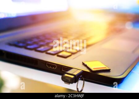 Computer port and flash drive and memory card. Stock Photo