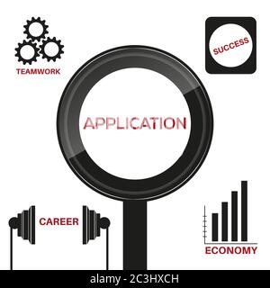 Vectorial illustration of application in black magnifier on white background. There are economy, career, teamwork and success icons around it. Stock Vector