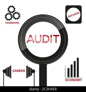 Vectorial illustration of audit in black magnifier on white background. There are economy, career, teamwork and success icons around it. Stock Vector