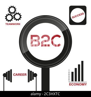 Vectorial illustration of b2c in black magnifier on white background. There are economy, career, teamwork and success icons around it. Stock Vector