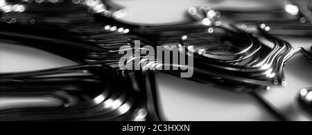 3d render of swirly reflective metal wire, Black and White, shallow depth of field, panoramic Stock Photo