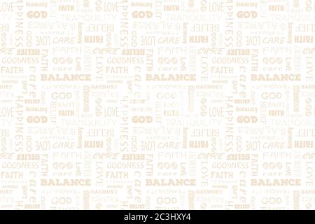 Religion faith God seamless vector text pattern: love, peace, balance, happiness, faith, God, belief, care, goodness, tranquility, harmony Stock Vector