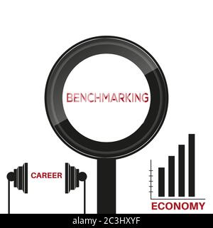 Benchmarking post in magnifying glass on white background. Career and economy icon sets. Stock Vector