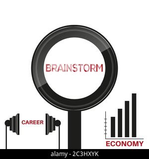 Brainstorming post in magnifying glass on white background. Career and economy icon sets. Stock Vector