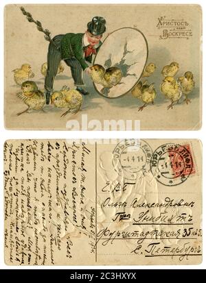 Russian Empire historical postcard: Christian Easter, 'Christ is Risen', a Man in a suit with a willow in his pocket leads a dance of chickens. 1914 Stock Photo