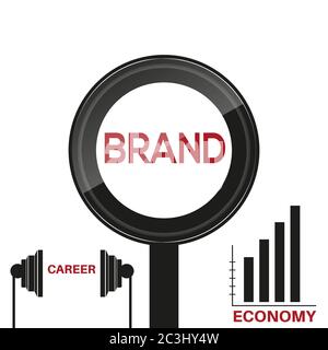 Brand post in magnifying glass on white background. Career and economy icon sets. Stock Vector