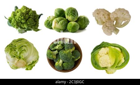 Different kinds of cabbage in a wooden bowl. Broccoli, Brussels sprouts, Roman cauliflower, green cabbage isolated on white background. Сabbage with c Stock Photo