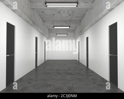 Office lobby with many identical closed black doors and an empty white wall. Corridor interior in loft style. 3D rendering with copy space. Mock up Stock Photo