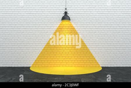 White brick wall with a drawn beam of yellow light from a lamp. Creative interior with decor on the wall. Optical illusion in design. Conceptual illus Stock Photo