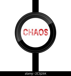 Black round vector shape illustration on a white background. Poster design that writes chaos right in the middle of the shape. Stock Vector