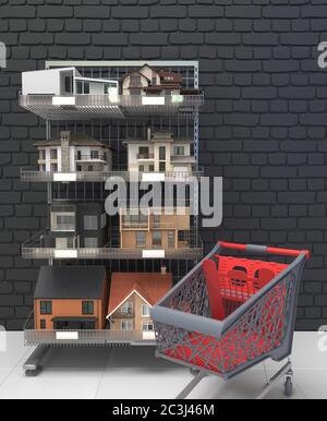 Many miniature models of private residential houses are sold on shelves in a store racks. House for sale. Real estate sale. Creative conceptual illust Stock Photo