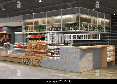 3D visualization of the interior of the grocery store. Design in loft ...