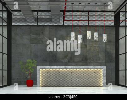 Interior with a reception desk in the loft style. 3d visualization. Stock Photo