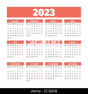 2023 Calendar with the weeks start on Monday Stock Vector