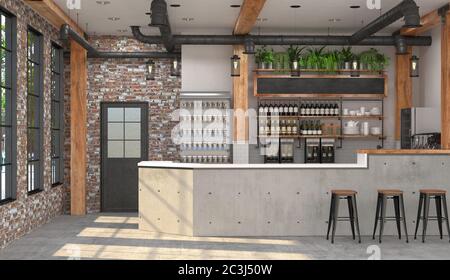 Interior of a cafe with a bar counter. Blurred background and table surface in the foreground. 3D rendering. Stock Photo