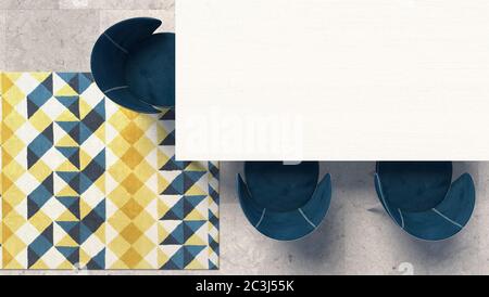 Empty white tabletop with blue armchair standing on the concrete floor with geometric patterned carpet. Top view with copy space. 3D rendering Stock Photo