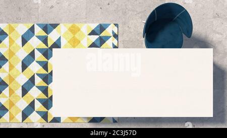 Empty white tabletop with blue armchair standing on the concrete floor with geometric patterned carpet. Top view with copy space. 3D rendering Stock Photo