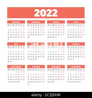 2022 Calendar with the weeks start on Monday Stock Vector