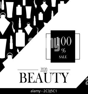 Cosmetics on black and white background. 100% advertising poster design for beauty store, blog, Magazine, offers and promotion. Vector illustration. Stock Vector
