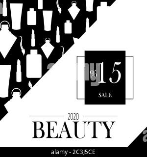 Cosmetics on black and white background. 15% advertising poster design for beauty store, blog, Magazine, offers and promotion. Vector illustration. Stock Vector