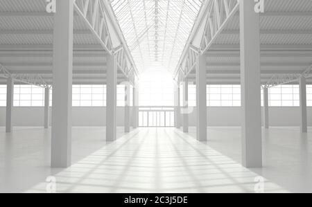 Industrial urban interior of an empty warehouse in monochrome white color. Large loft-style factory building. 3D rendering. Stock Photo