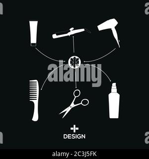 Hair dryer, comb, hair straightening machine, Cream, Hair Care Oil, scissors. Hair care supplies on black and white background Stock Vector