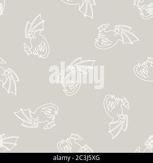 Seamless background flying dragon reptile gender neutral baby pattern. Simple whimsical minimal earthy 2 tone color. Kids nursery wallpaper or boho Stock Vector