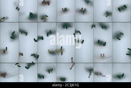 Silhouettes of people on a frosted glass floor in bottom view. Transparent glass floor between floors with reflection of human legs. 3D rendering. Stock Photo