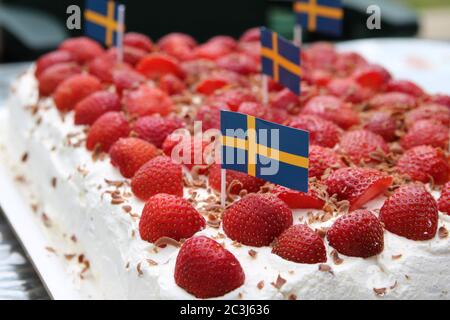 Strawberries swedish fika midsommar pie Stock Photo