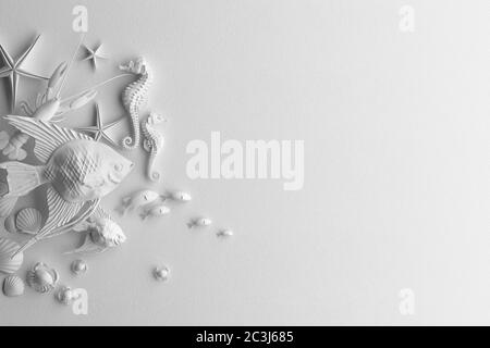 Monochrome composition of white figures of fish and seafood on a white background. Banner with copy space for text. A set of food on the top view. 3D Stock Photo