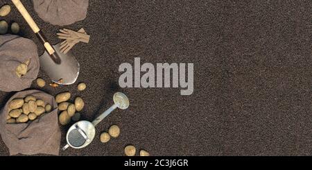 Fresh raw potatoes in sacks and garden tools lie on the ground in the field. Copy space. Top view. 3D rendering. Stock Photo