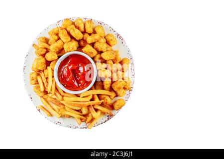 Classic french fries and tasti taters with ketchup isolated on white background, top view. Stock Photo