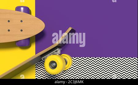 Wooden skateboard with bright colored wheels on a colorful background with geometric patterns. Copy space. Minimalistic creative concept. 3D render. Stock Photo